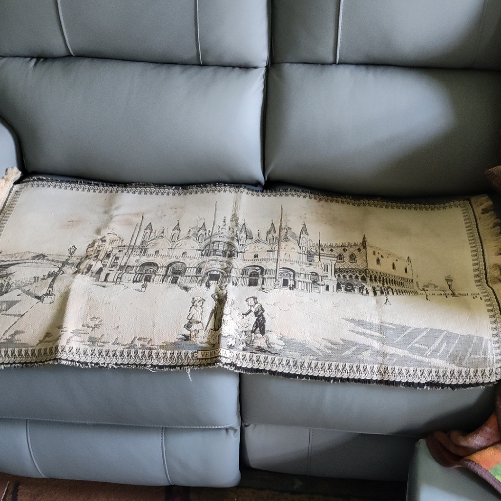 1800s Beige and Gray Tapestry with Architectural Design
